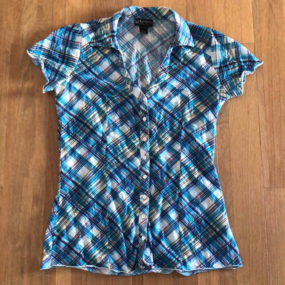 👚 V-NECK BUTTON DOWN SHORT SLEEVE 🦋 LARGE🌷EUC